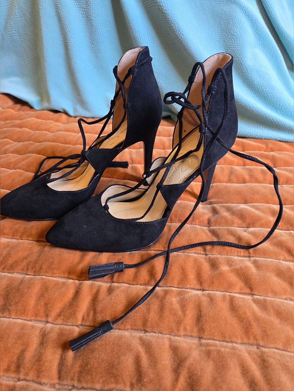 NWT 8.5 Jessica Simpson Black Lace-Up Pointed Toe Stiletto Pumps